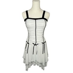 Y2K White Ruched Mini Dress Black Bow Corset Style Size 12